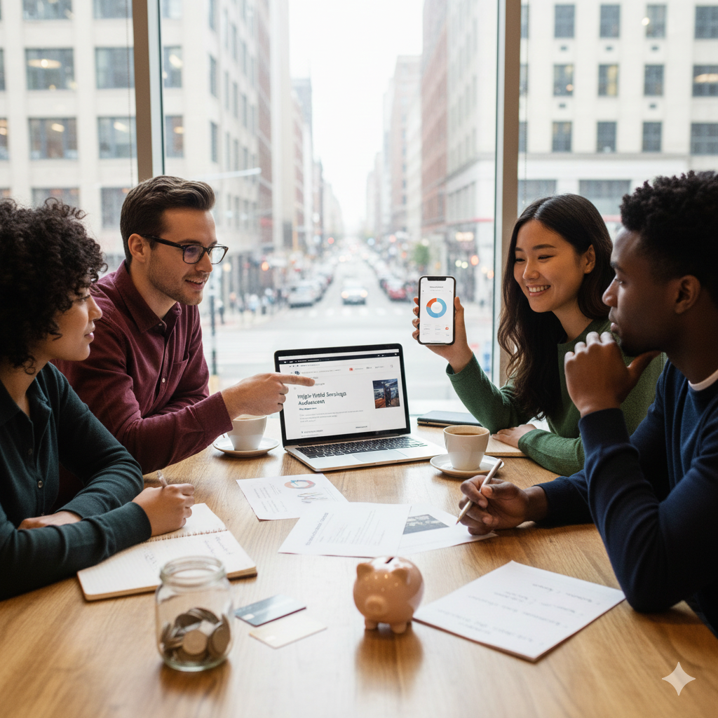 도시 전망 사무실에서 네 명의 젊은이가 커피를 마시며 노트북과 스마트폰으로 금융 차트와 통계를 보며 활발히 논의하는 장면