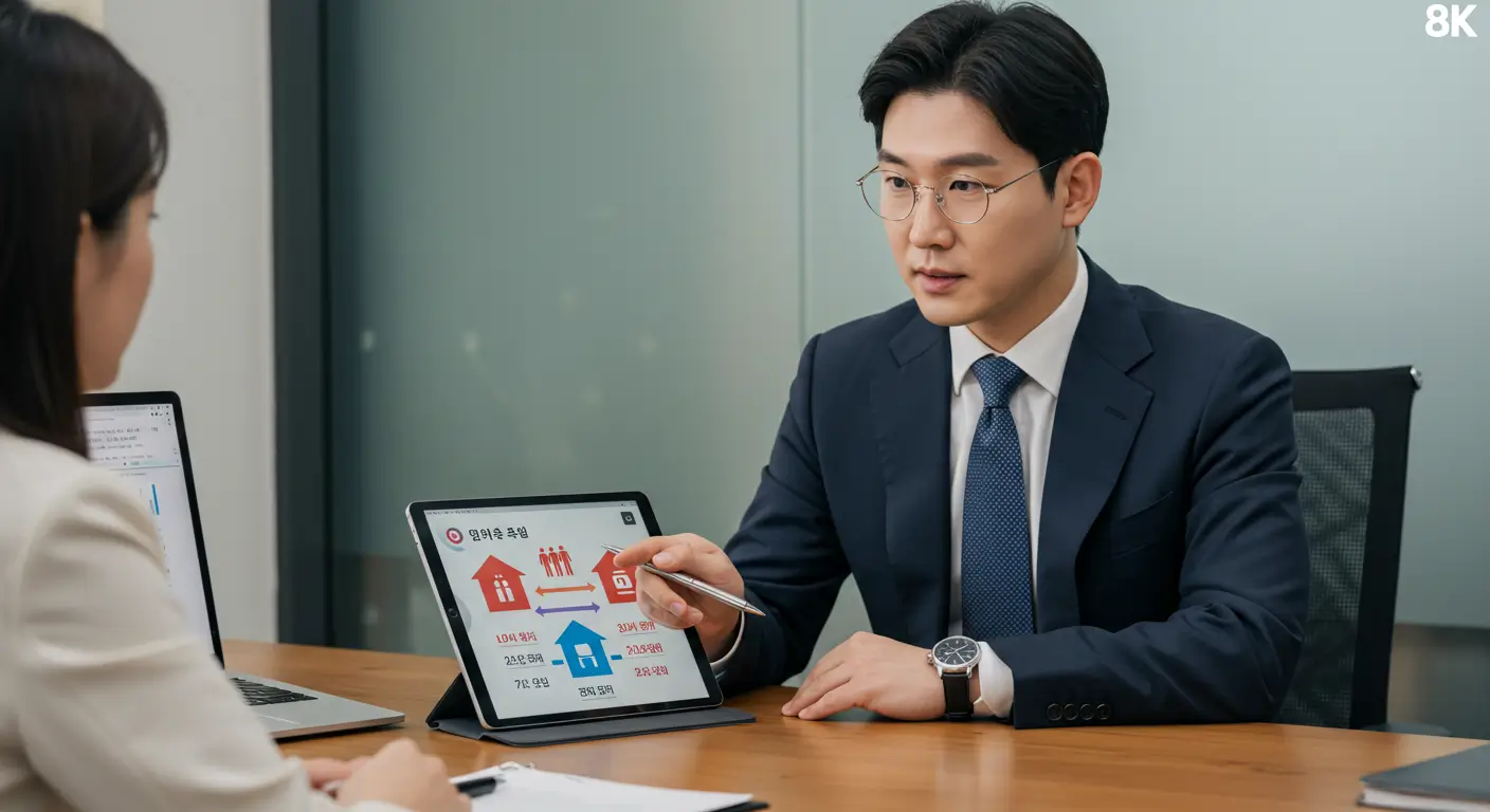 금융 전문가에게 일반 담보대출과 지분대출 중 최적의 해결책을 상담받는 모습