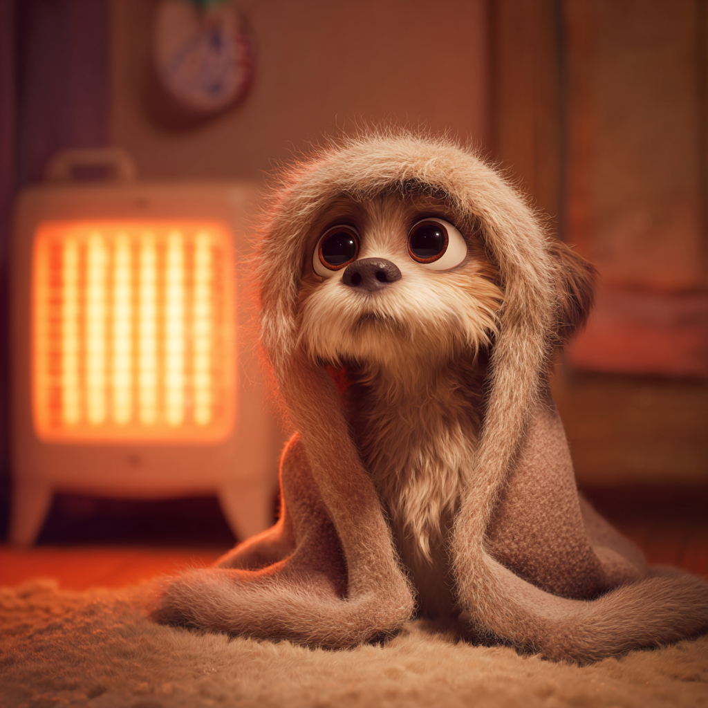 겨울철 난로앞에 담요에 둘러싸인 귀여운 강아지, 픽사스타일 일러스트