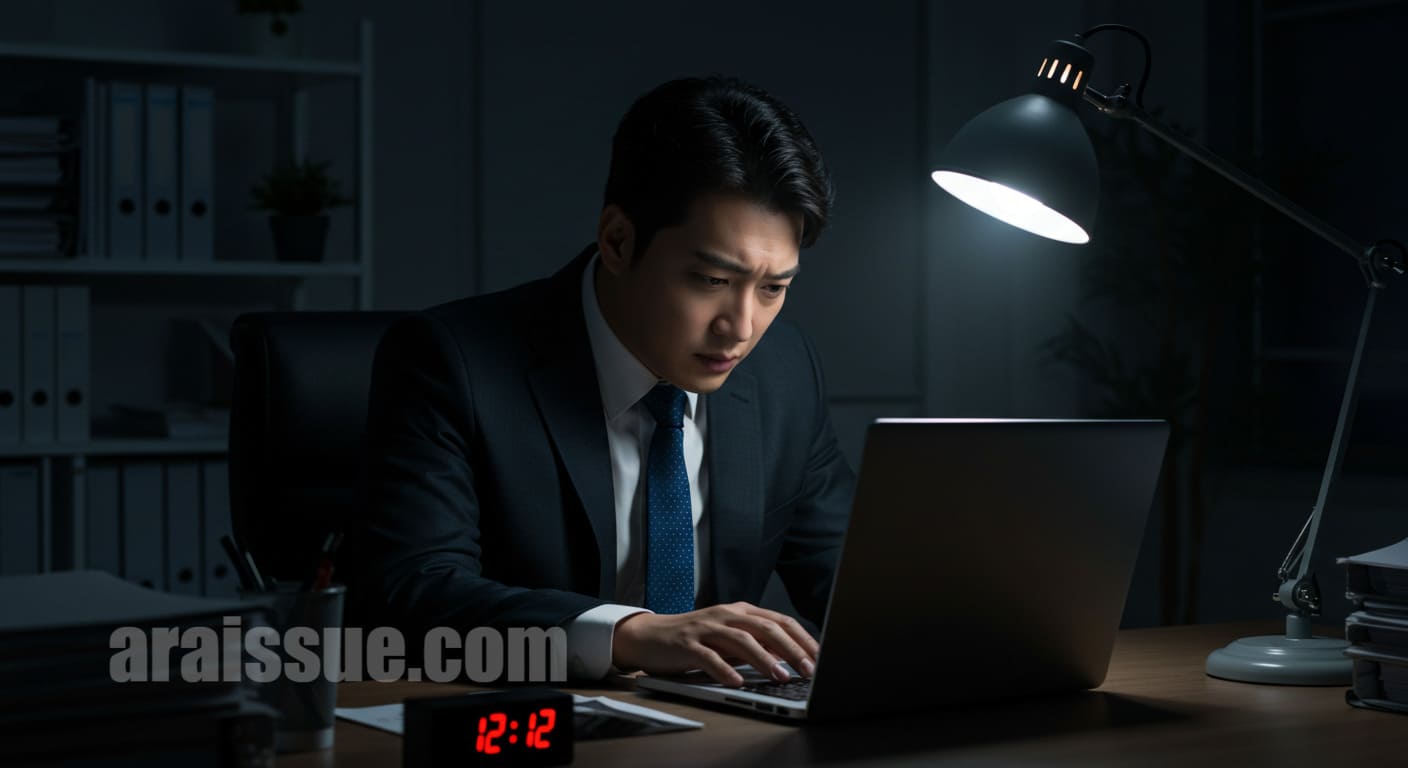 늦은 밤 업무에 지친 직장인의 모습