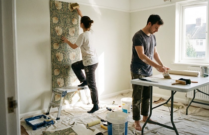 벽지 시공하는 모습