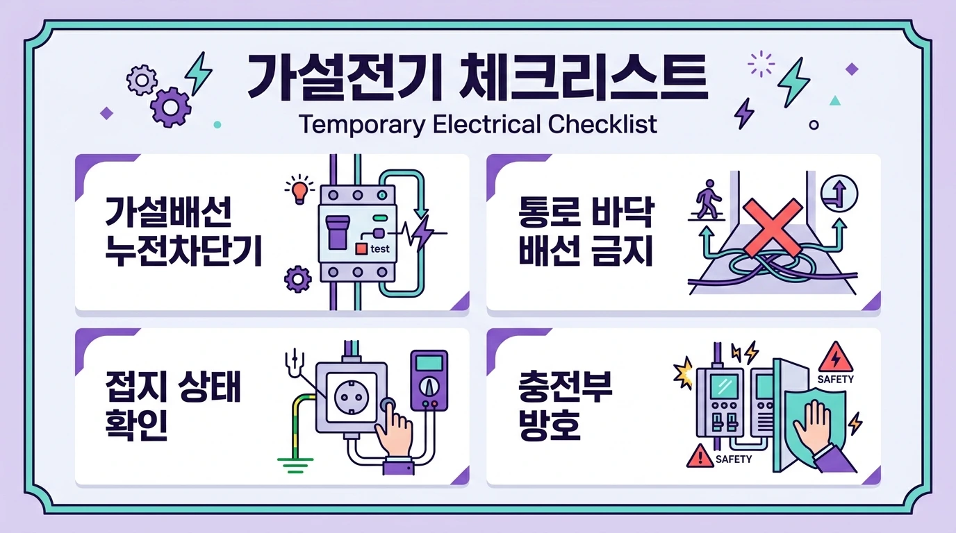 가설전기 체크리스트 4가지를 보여주는 그리드 인포그래픽