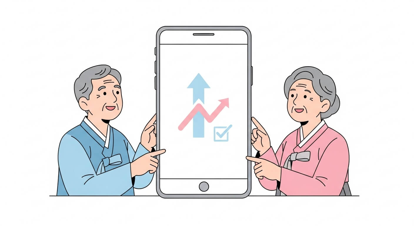 기초연금 예상 수령액을 스마트폰 화면에서 확인하며 만족해하는 노부부 3