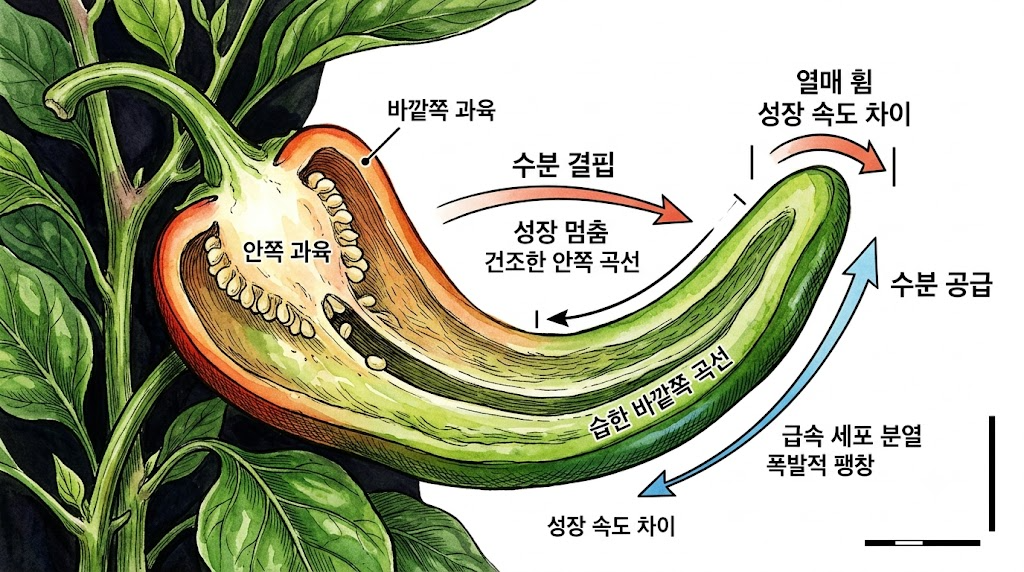 수분 결핍으로 성장이 멈춘 안쪽 과육과 수분 공급 후 급팽창한 바깥쪽 과육의 속도 차이로 고추가 휘는 원리