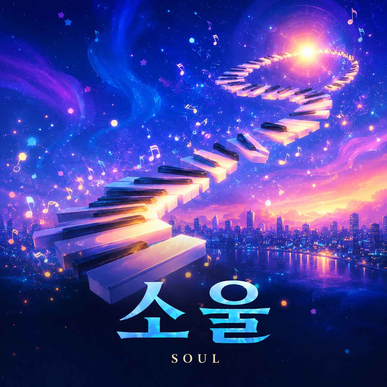 소울 영화를 나타내는 이미지, 별빛과 형형색색의 음표가 떠다니는 환상적인 밤하늘을 배경으로 피아노 건반이 빛을 향해 이어지고 아래로 도시의 야경이 펼쳐진 장면