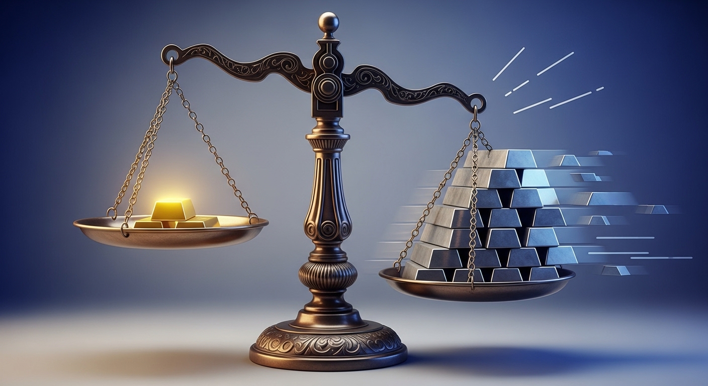 저울에 금괴와 은괴가 놓여 있고, 은괴 쪽이 더 무거워 보이는 역동적인 이미지