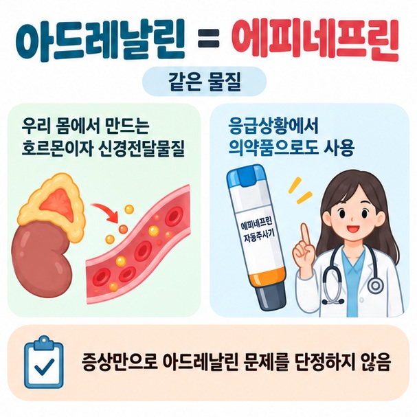 아드레날린과 에피네프린이 같은 물질이며 의료용 에피네프린이 응급치료에 쓰이는 것을 보여주는 이미지