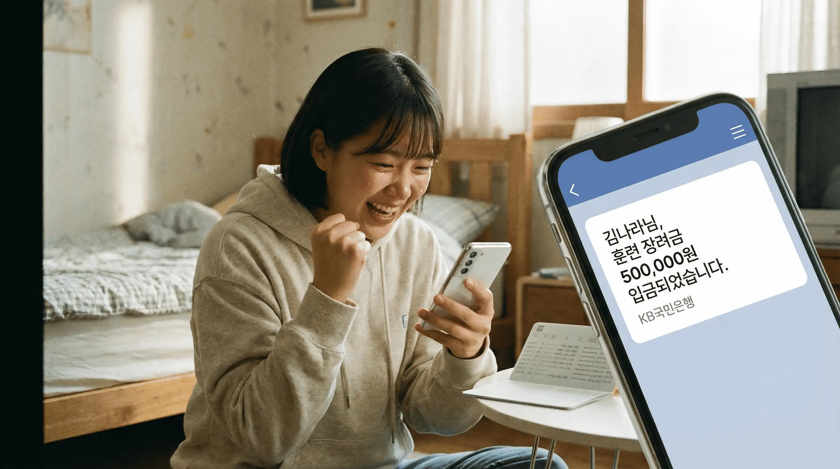 통장에 훈련 장려금이 입금된 알림을 스마트폰으로 확인하고 주먹을 불끈 쥐며 좋아하는 모습