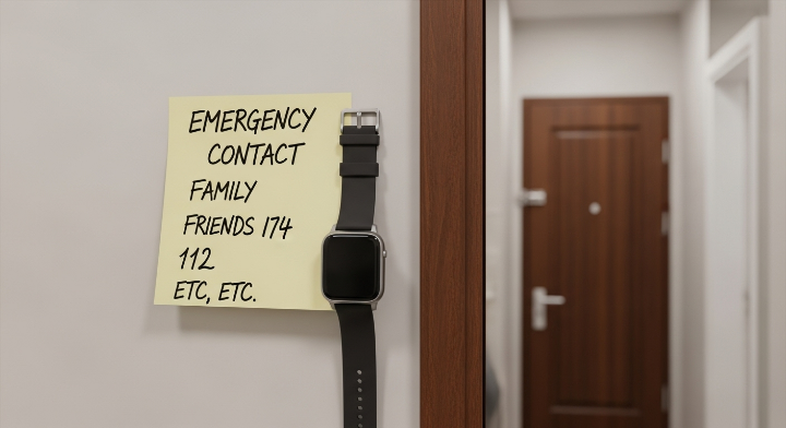 가족, 친구, 112 등 전화번호가 적혀 있고, 옆에는 스마트워치나 휴대폰이 있음