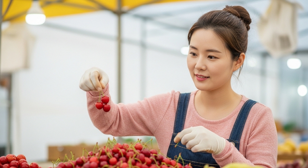 과일가게에서 체리 고르는 여성