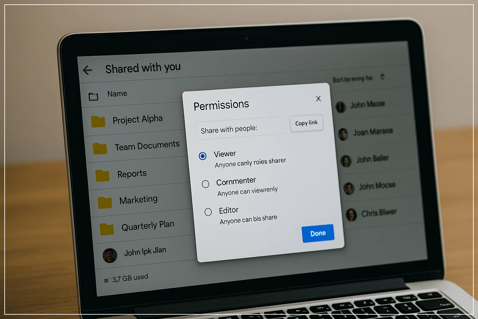 노트북 화면에 공유 폴더와 권한 설정 창이 함께 나타나 있는 이미지