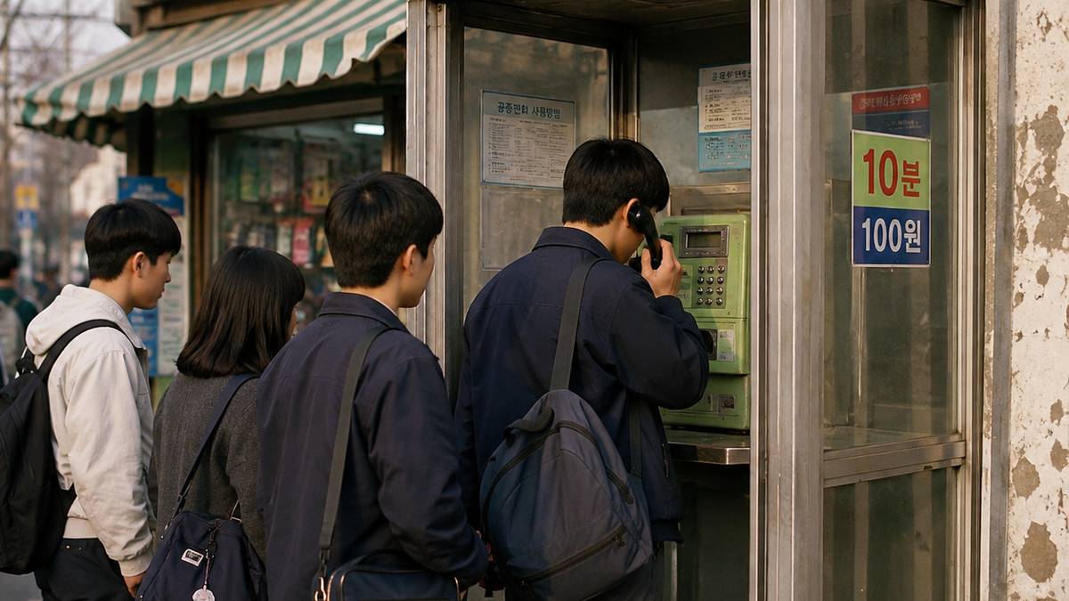 공중전화 한 대를 사용하기 위해 가방을 든 사람들이 줄을 서 있는 모습