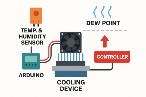 결로 방지 시스템의 도식, 온습도 센서, Arduino, 냉각장치, 컨트롤러, 이슬점 표시가 포함됨