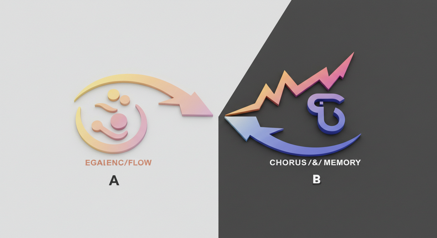 두 갈래 길 중 한쪽은 기억의 깃발(후렴 기억률), 다른 한쪽은 유려함의 깃발(문장력)로 향하는 상징 이미지