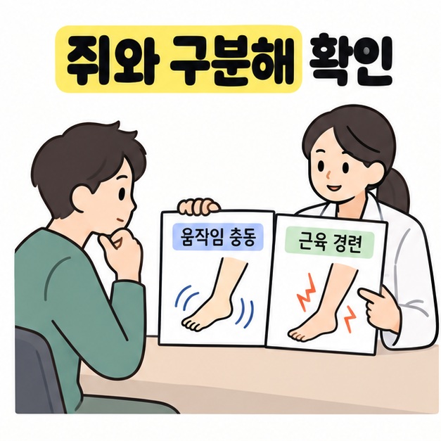 쥐와 구분해 확인 문구 아래 환자와 의사가 움직임 충동과 근육 경련의 다리 그림 카드를 함께 살펴보는 모습