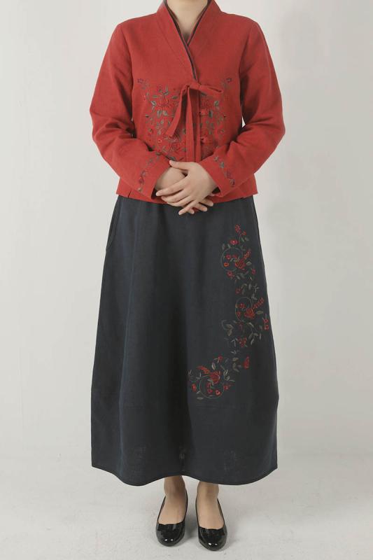 여자 봄 가을 생활한복 면 마 꽃자수 항아리 치마 3color 계량 한복