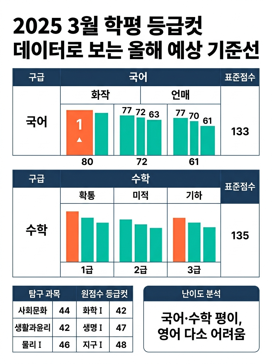 작년 2025년 3월 학평 등급컷 데이터로 보는 2026년 예상 기준선 인포그래픽 — 국어 화작 1등급 80점 언매 77점, 수학 확통 83점 미적 78점 기하 80점, 표준점수 국어 133점 수학 135점, 사탐 사문 44점 생윤 42점, 과탐 물리Ⅰ 46점 화학Ⅰ 42점 생명Ⅰ 47점 지구Ⅰ 48점 등 7개 입시기관 평균 하한 원점수 등급컷과 난이도 분석 포함