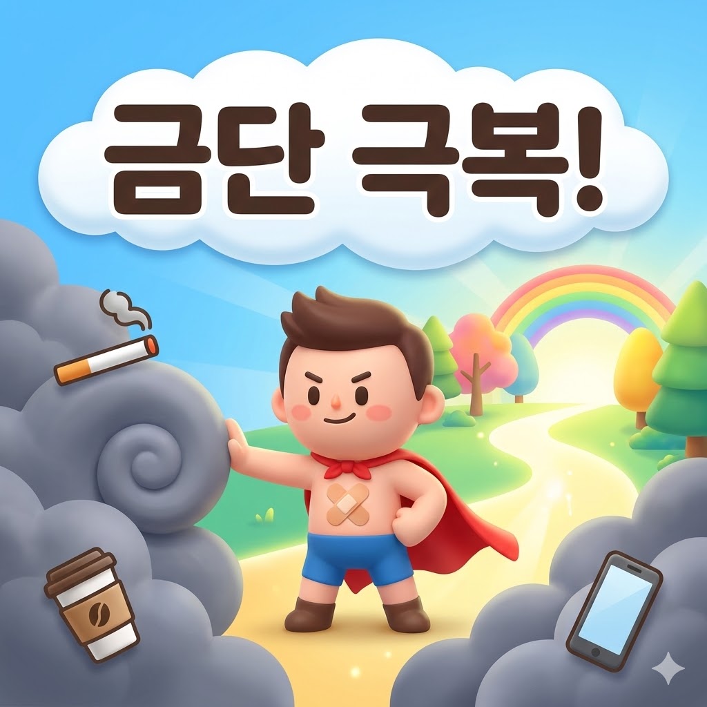 금단 현상을 용기 있게 극복하는 귀여운 캐릭터와 밝은 미래의 길, 희망적인 메시지가 담긴 일러스트