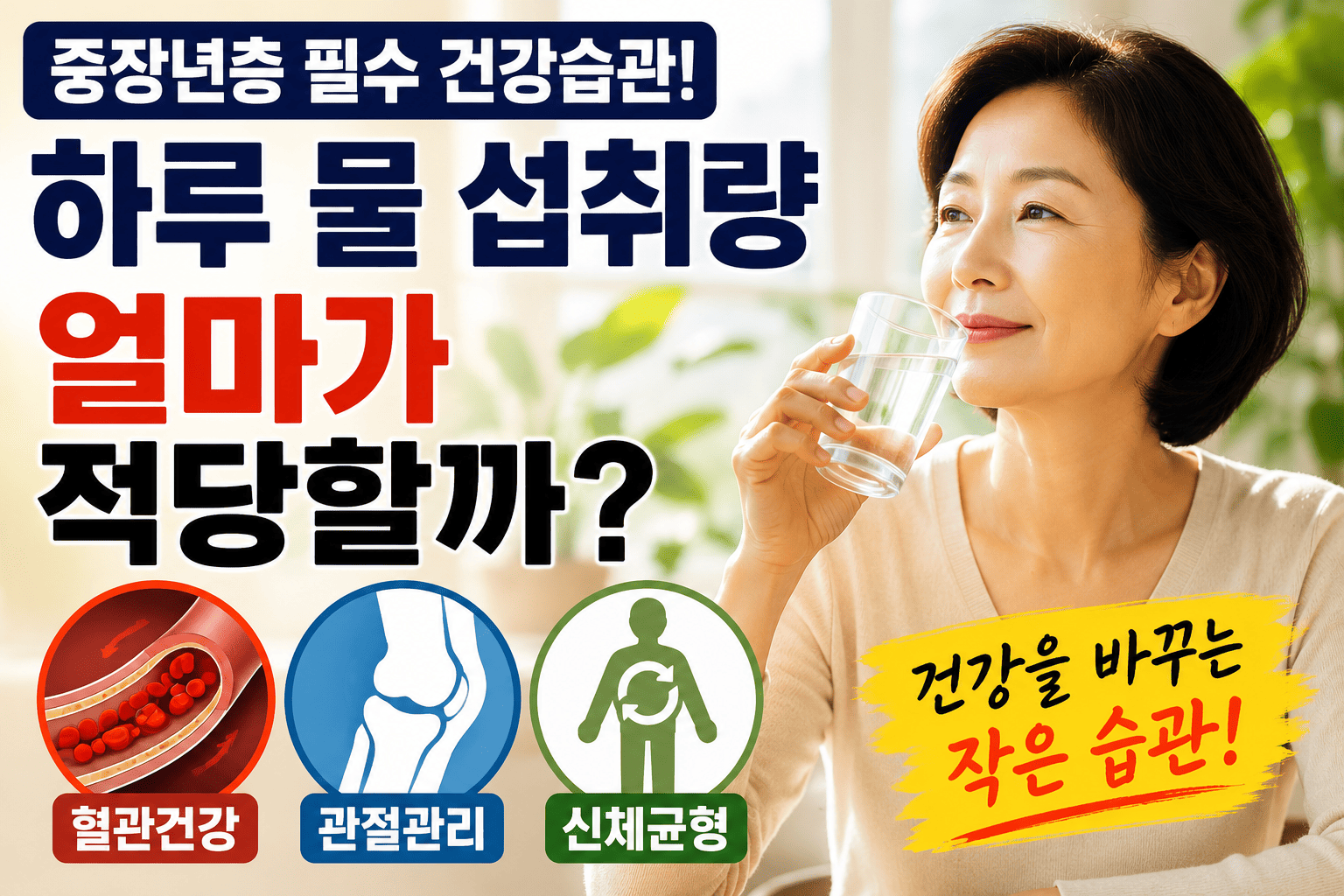 중장년층 하루 물 섭취량 (혈관건강, 관절관리, 신체균형)