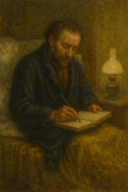 병상에서 고통의 일기를 쓰는 알퐁스 도데를 유화 스타일로 표현한 그림, 어두운 방 안에 앉아 진지한 표정으로 노트에 글을 쓰는 남성