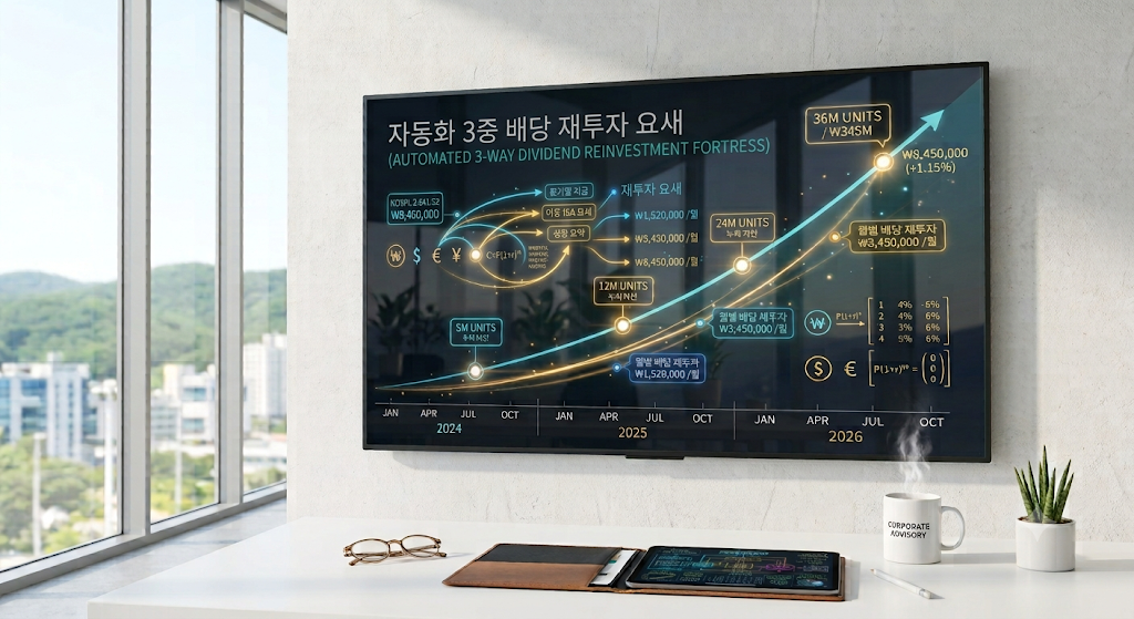 세련된 모던 오피스 데스크 위에 놓인 태블릿 PC 화면에 선명하게 찍힌 강남부자 비과세 ETF 월 300만 원 3분할 연금저축·IRP 복리 재투자 시뮬레이션