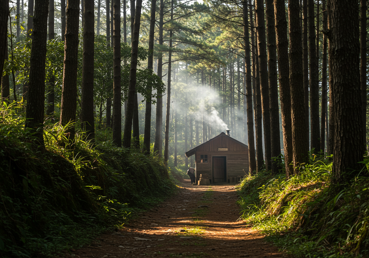 소나무 숲 사이로 난 작은 길과 공방 입구
