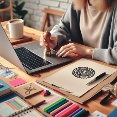 책상 위 서류에 도장을 찍는 모습