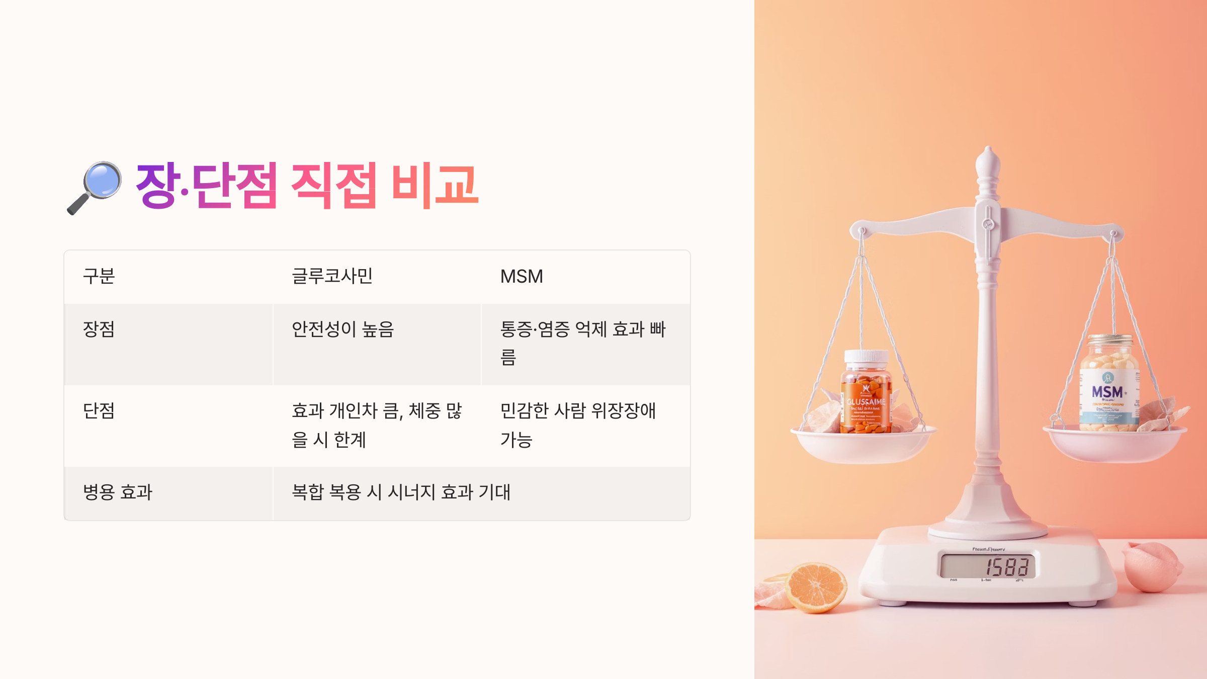 무릎 관절염 영양제 글루코사민 vs MSM 비교 장단점