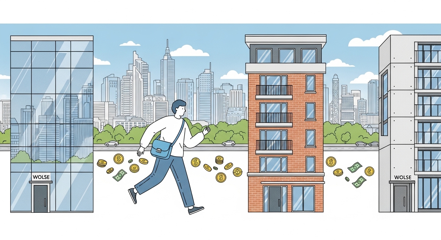 작은 짐을 들고 여러 아파트로 쉽게 이동하는 사람의 모습을 통해 월세의 유연성을 표현한 이미지