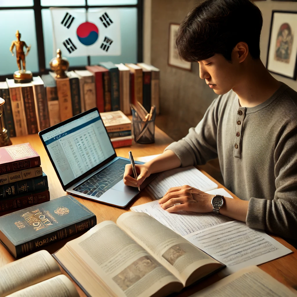 책상 위에 교재와 노트, 노트북을 놓고 한국사 능력 검정시험을 준비하는 젊은 성인. 조용한 방에서 집중적으로 공부하는 모습