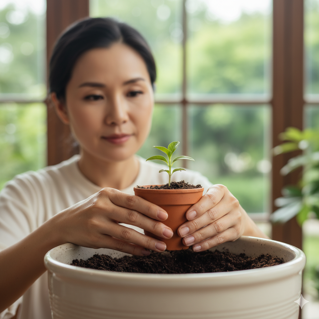 정성스러운 손길로 작은 새싹 화분을 더 큰 화분으로 옮겨 심는 아름다운 여성