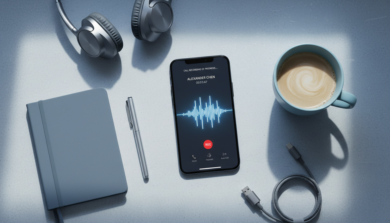 통화 녹음 기능이 실행 중인 최신 아이폰과 책상 위 작업 환경