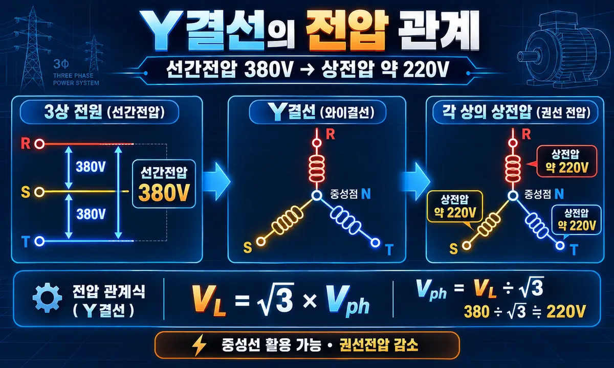 Y결선에서 선간전압 380V와 상전압 220V 관계
