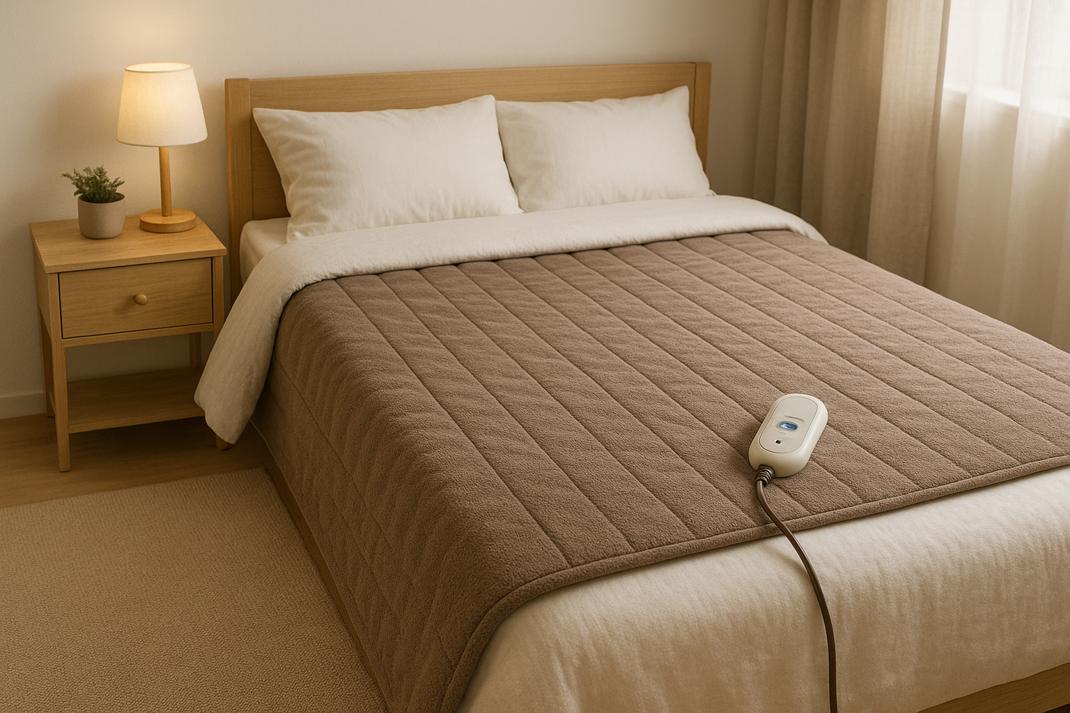 라텍스 토퍼 위 사용 금지 표지와 대안으로 얇은 순면 패드 한 겹을 덮은 전기요 사용 장면