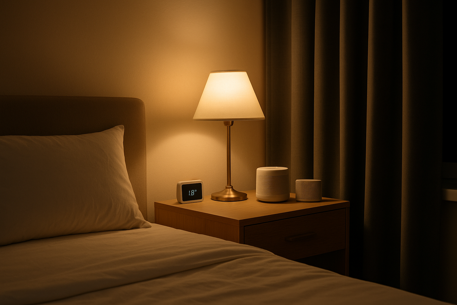전구색 스탠드 조명 아래 18°C로 설정된 침실—암막 커튼과 화이트노이즈 스피커가 보이는 야간 수면 환경