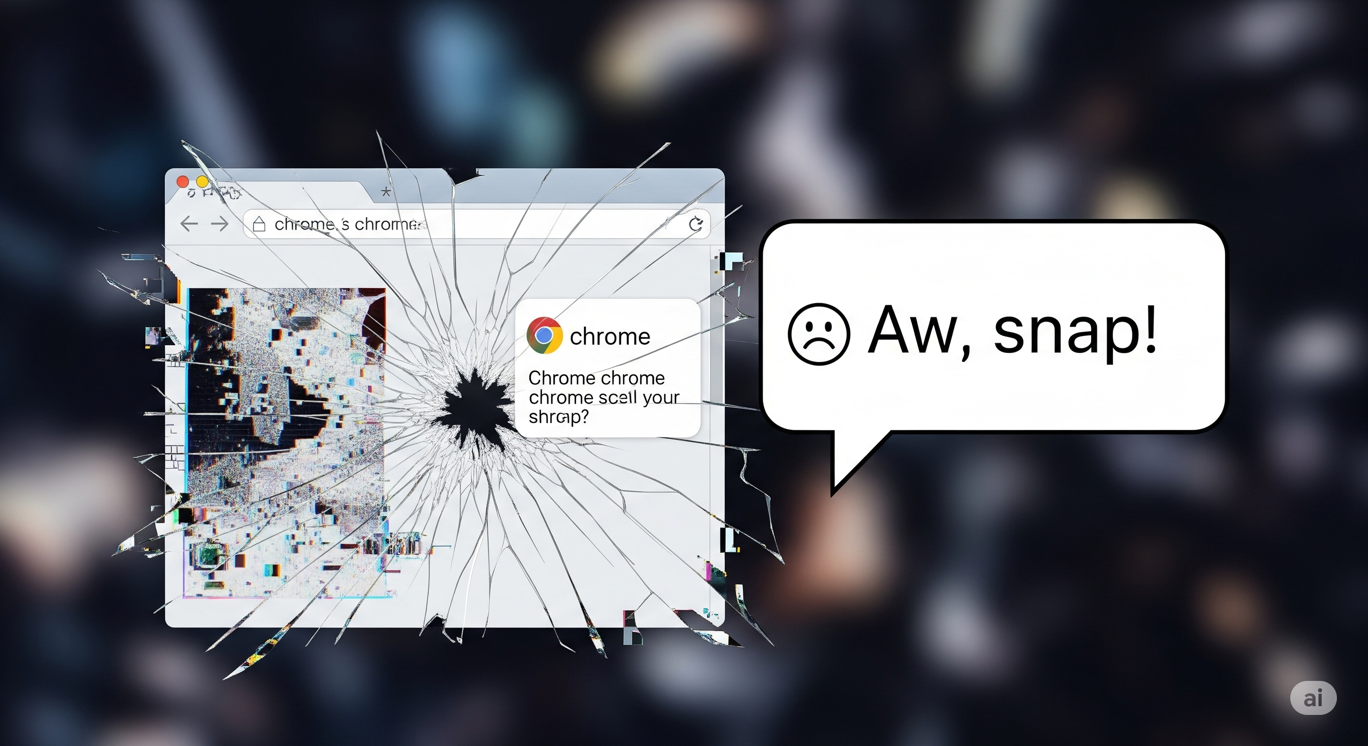 깨진 크롬 브라우저 창과 그 옆에 '앗, 이런!' 말풍선이 있는 이미지
