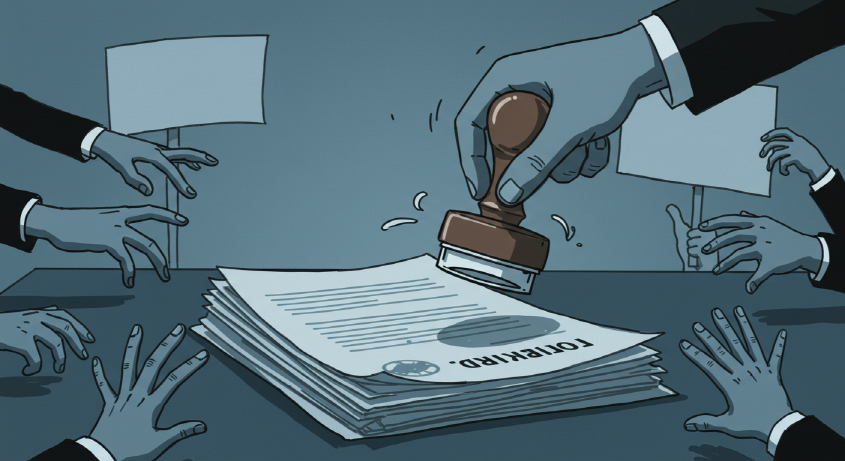 가벼운 처벌을 상징하는 서류와 분노한 시민들의 손