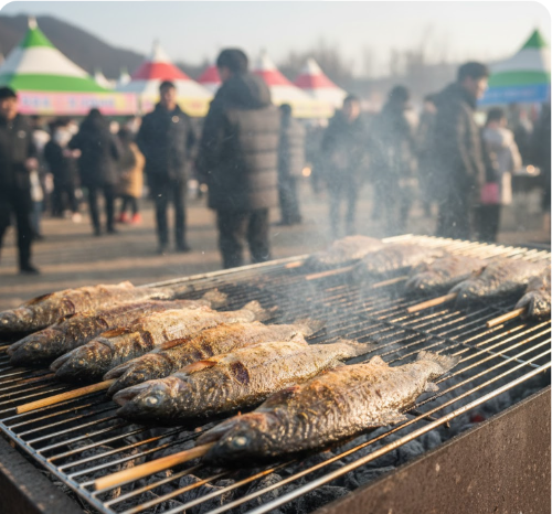 산천어 축제장에서 즉석에서 구워지고 있는 군침 도는 산천어 구이 이미지