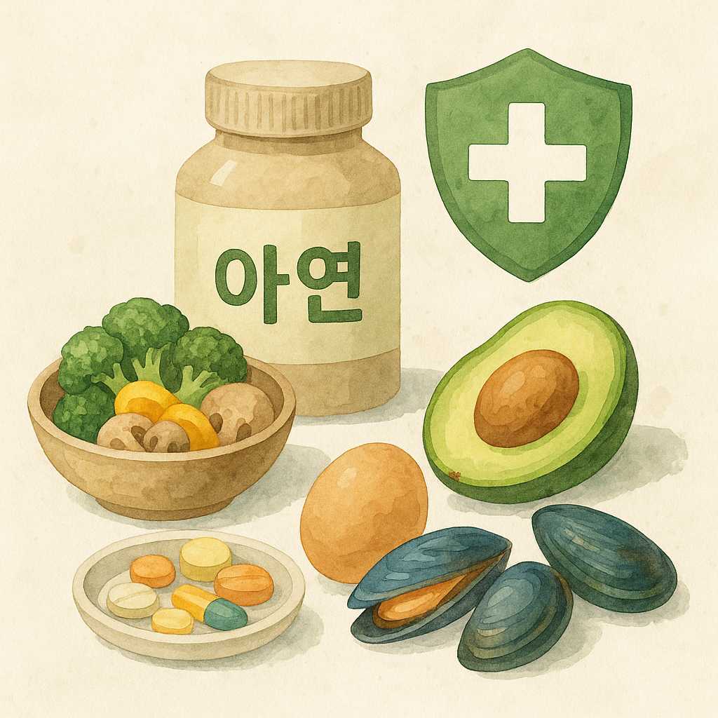 아연이 풍부한 식품은 브로콜리, 버섯, 호박, 아보카도, 달걀, 홍합이 있다.