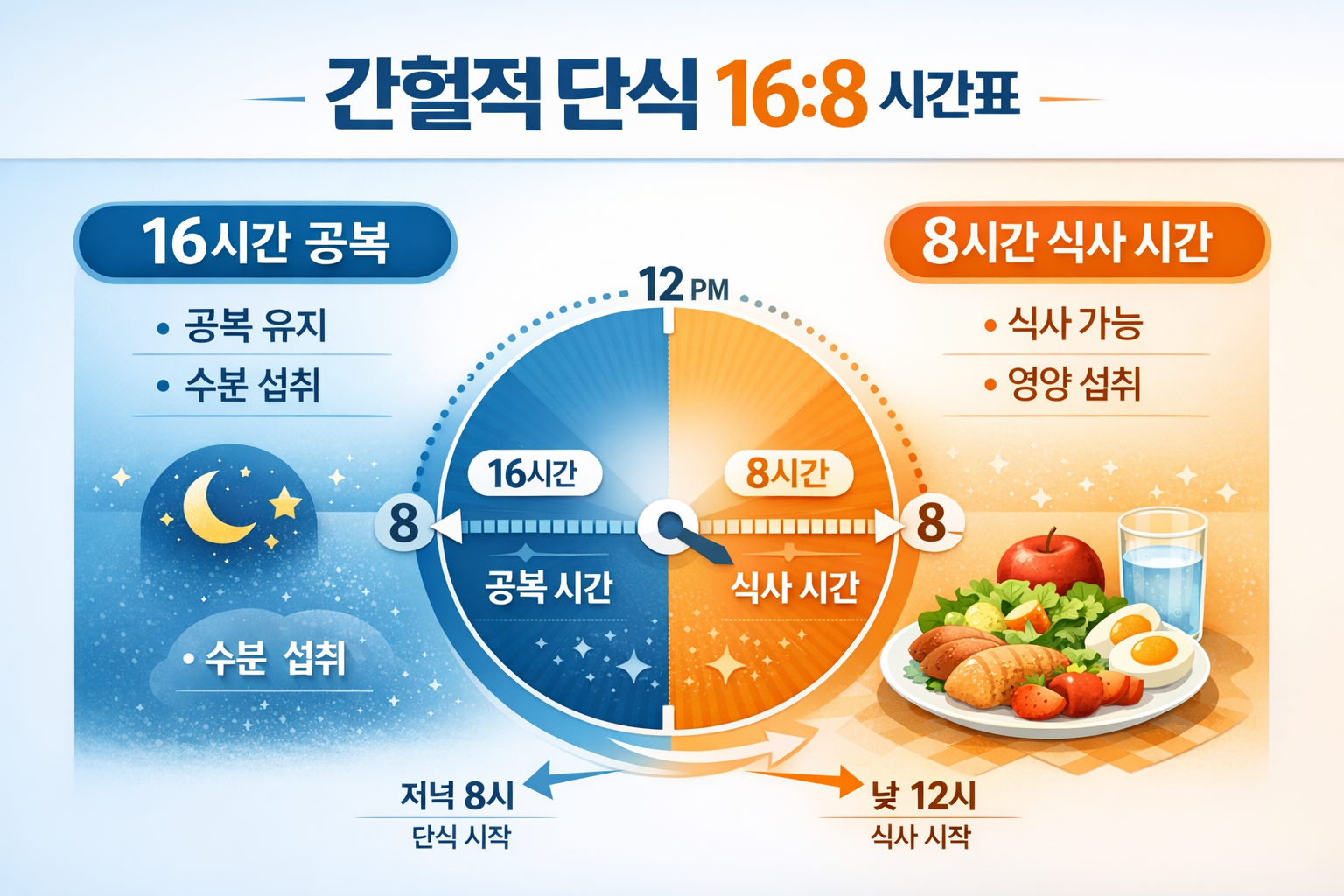 간헐적 단식 16:8 시간표 인포그래픽으로, 16시간 공복과 8시간 식사 시간을 시계 형태로 보여주며 공복 유지와 식사 가능 시간을 시각적으로 설명한 이미지
