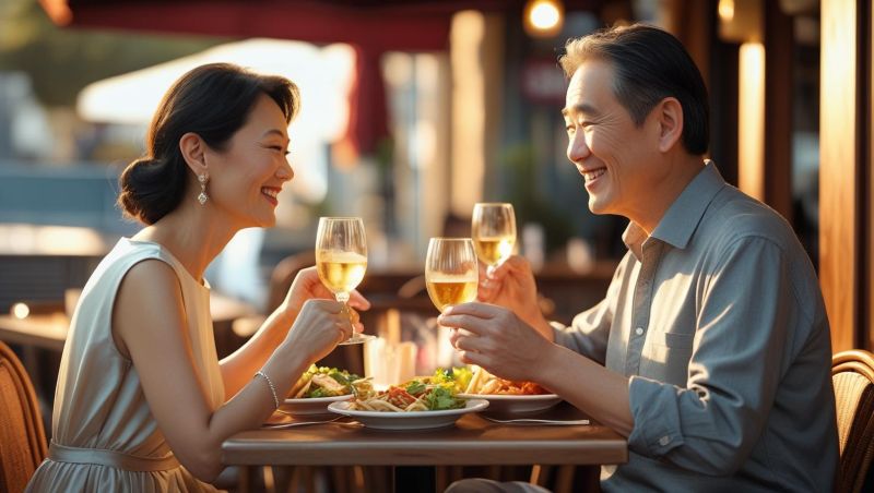 중년부부가 맥주를 곁들여 식사하는 모습