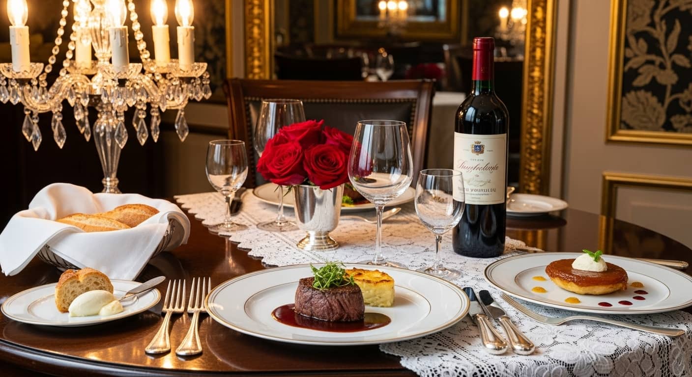 샹들리에 불빛 아래 고급스럽게 차려진 식탁. 스테이크 메인 요리와 디저트가 코스로 놓여 있고, 와인 한 병과 붉은 장미가 테이블 세팅을 장식하고 있습니다. 프랑스식 정찬 문화와 음식의 예술성을 상징합니다.