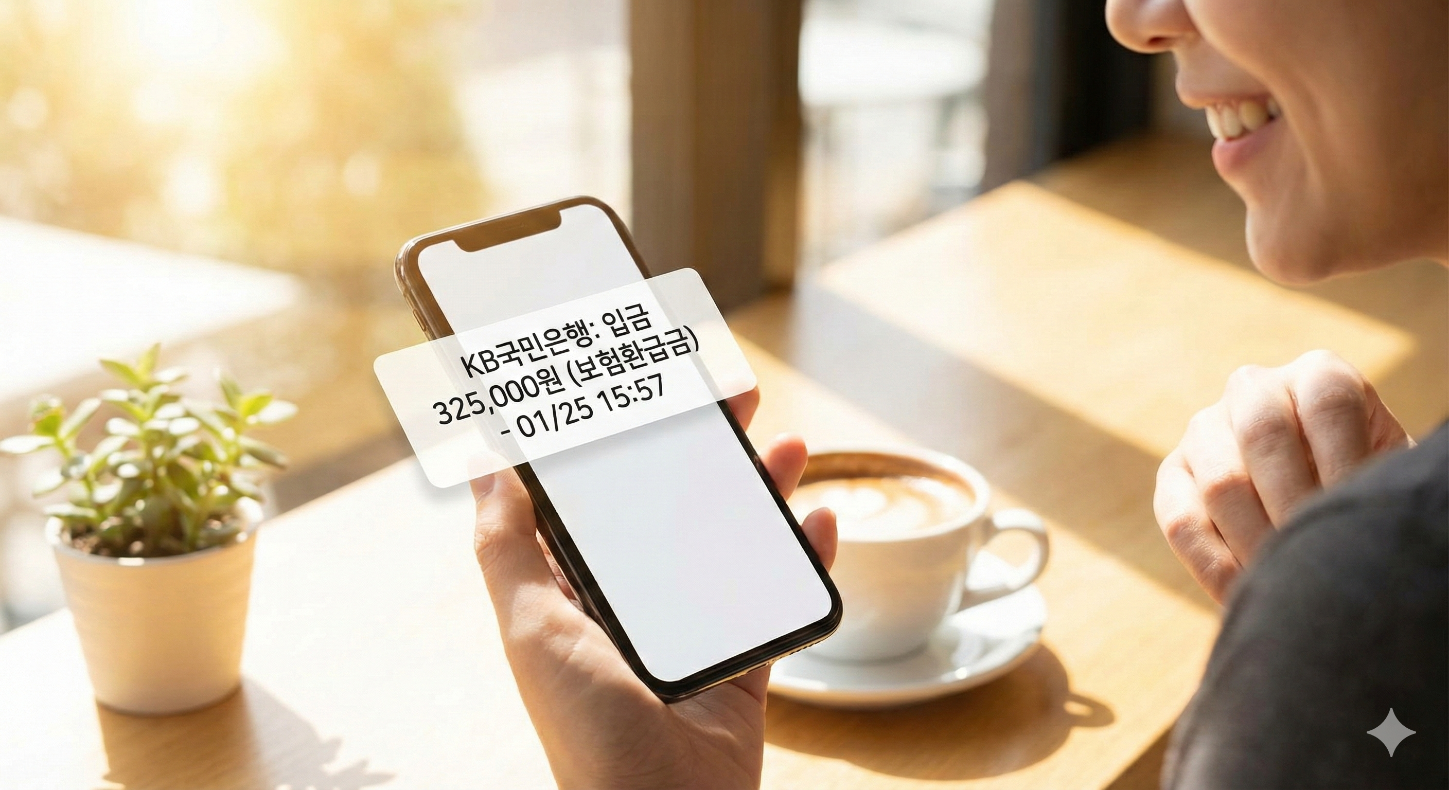 스마트폰 화면에 325,000원 보험 환급금 입금 알림이 뜬 기분 좋은 모습
