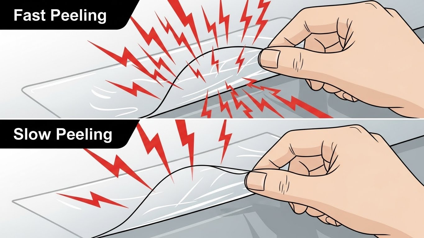 비닐을 떼는 속도에 따른 정전기 발생량 비교 그림