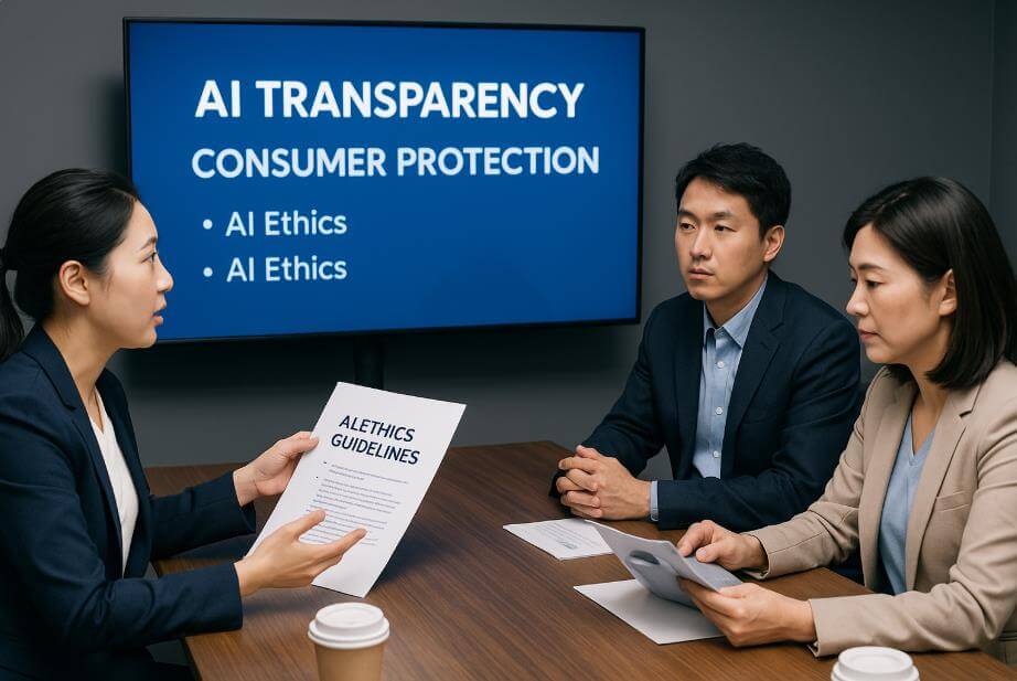 대형 모니터 앞에서 전문가 그룹이 AI 윤리 가이드라인 문서를 검토하며 토론하는 장면.