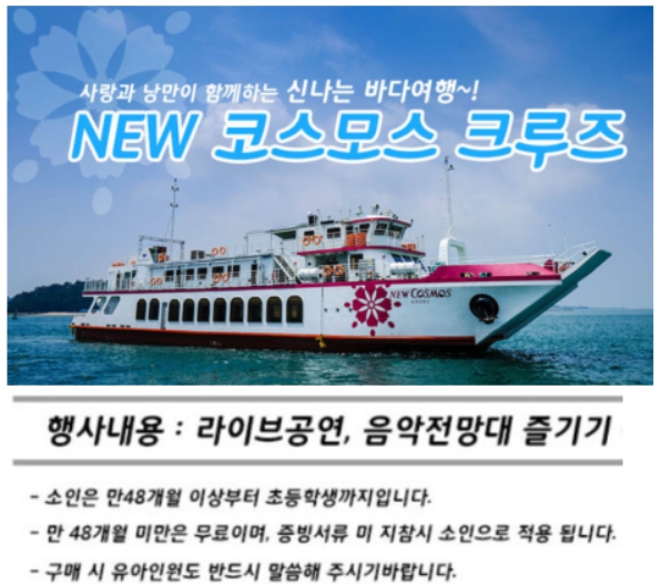 월미도 유람선 홍보 이미지로 배 사진과 함께 탑승 가능 연령이 소개되어 있습니다.