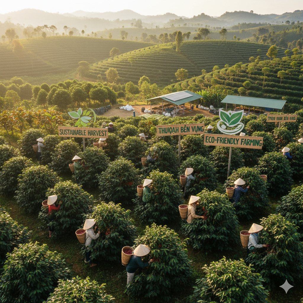 베트남의 광활한 커피 농장에서 농부들이 커피 체리를 수확하는 모습, 지속가능한 농업을 강조하는 느낌 (이미지 생성:google)