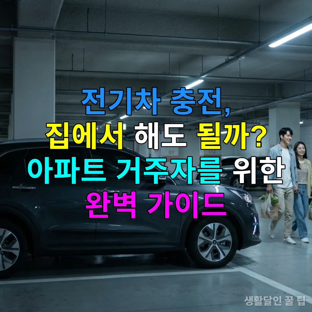 아파트 지하 주차장에서 전기차를 충전하는 모습