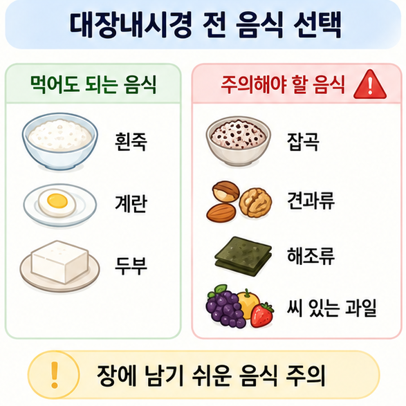 흰죽과 계란, 두부는 선택하고 잡곡과 견과류, 해조류, 씨 있는 과일은 주의하는 검사 전 식단 이미지
