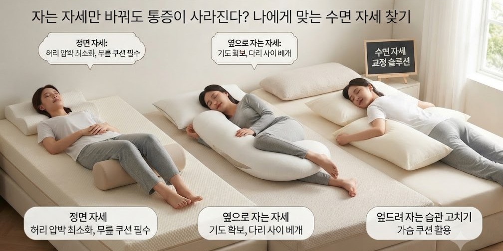 "정면, 옆, 엎드린 자세로 각각 누워 편안하게 숙면을 취하고 있는 사람들의 모습과 각 수면 자세별 핵심 특징을 요약한 일러스트"